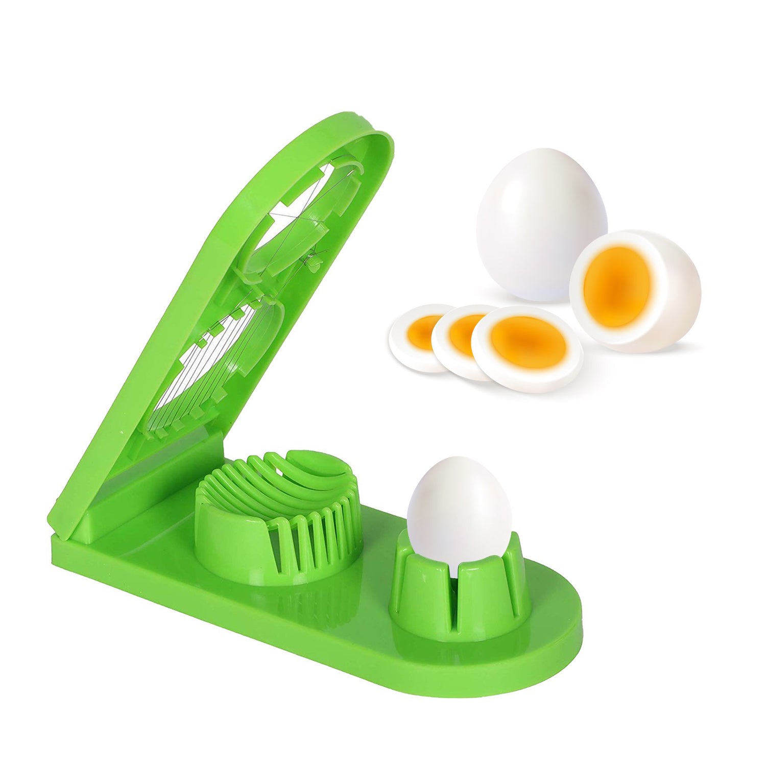 Wukusy 2006 2-in-1 double cut boiled egg cutter with stainless steel wire for easy slicing of boiled eggs in a kitchen setting.
