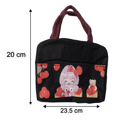 Wukusy insulated lunch bag with cute cartoon design, featuring colorful characters and a sturdy handle for easy carrying.