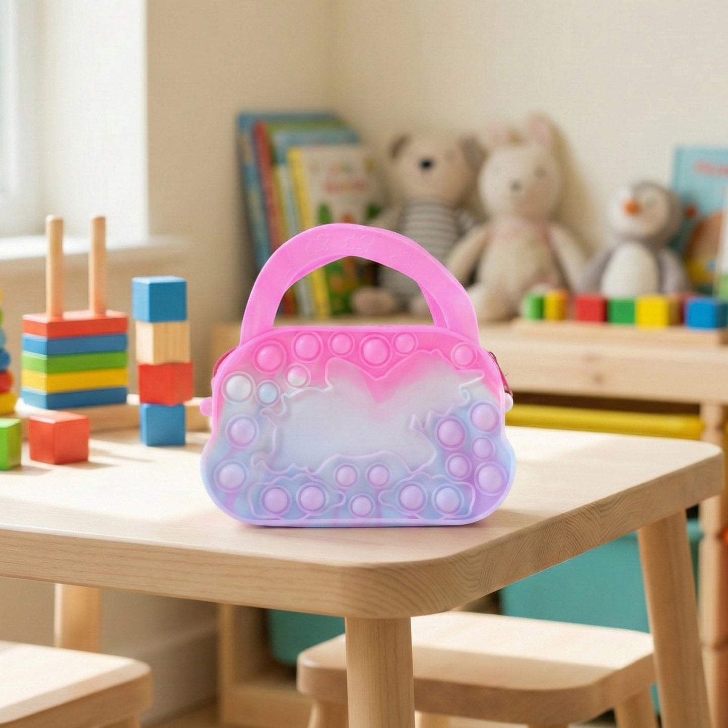 Wukusy silicone pop it coin purse with zipper and handle, colorful and flexible, designed for easy coin storage and fun tactile play.