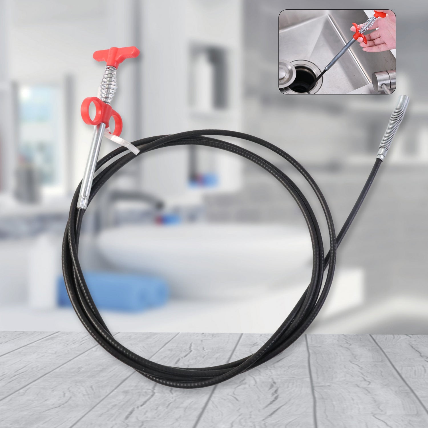Wukusy flexible spring drain cleaning tool with hand grip, 298 cm long, designed for clearing clogged drains efficiently.