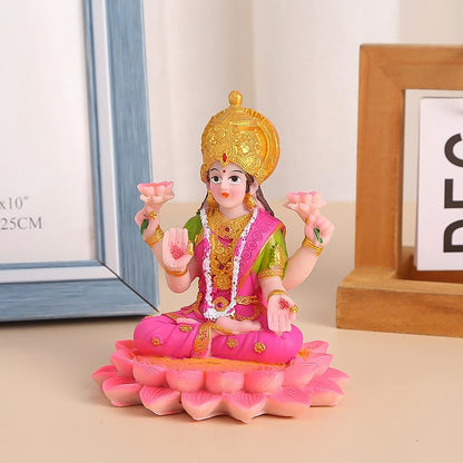 Decorative Lakshmi Mata idol sitting on lotus flower, handcrafted Wukusy religious figurine for home decor or prayer use