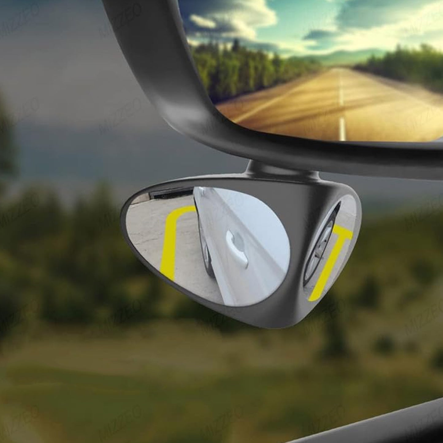 Wukusy 2-in-1 automotive car blind spot mirror with 360° rotation, adjustable HD glass for enhanced rear visibility.