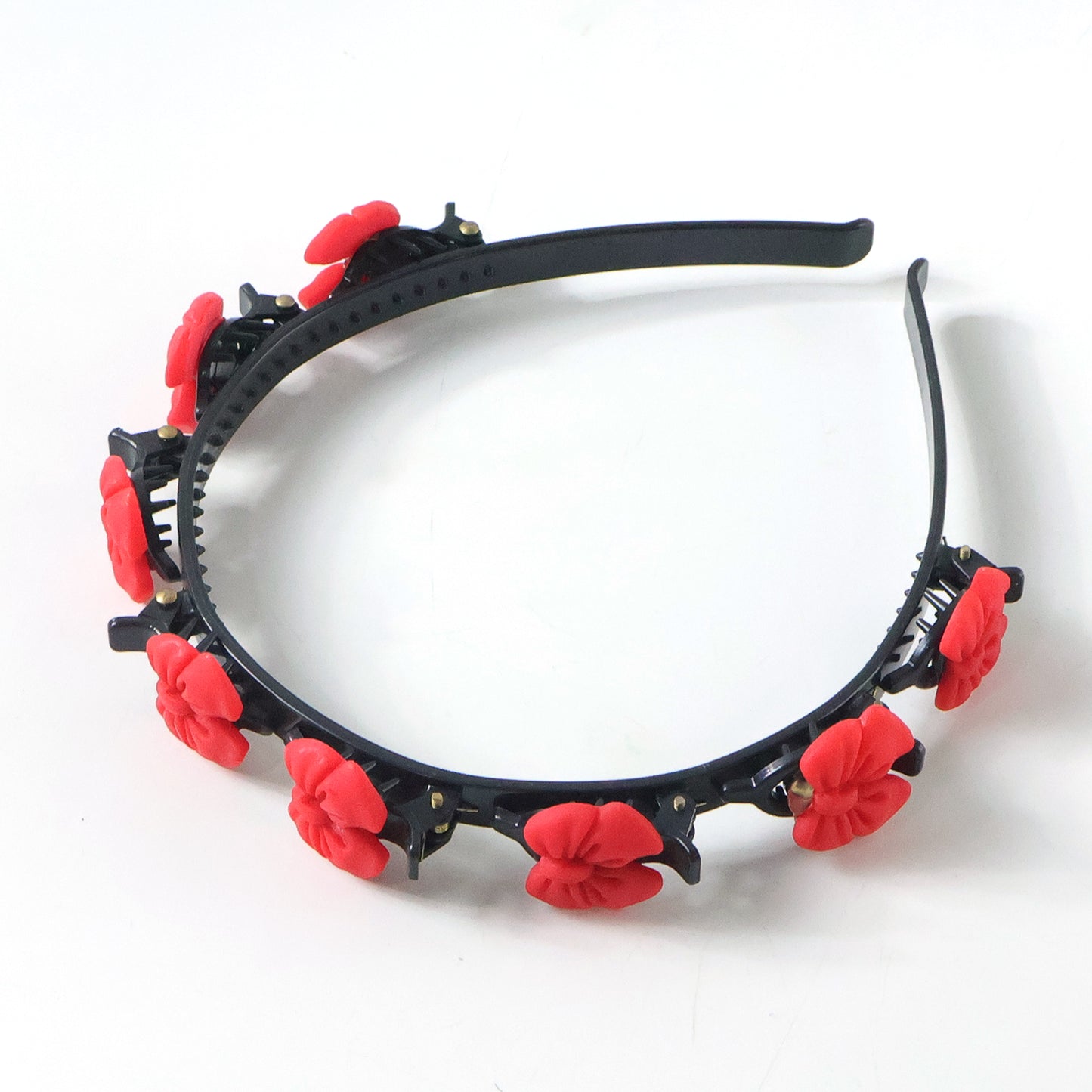 Wukusy decorative floral headband with built-in mini claw clips, featuring colorful fabric flowers and a flexible hair band.