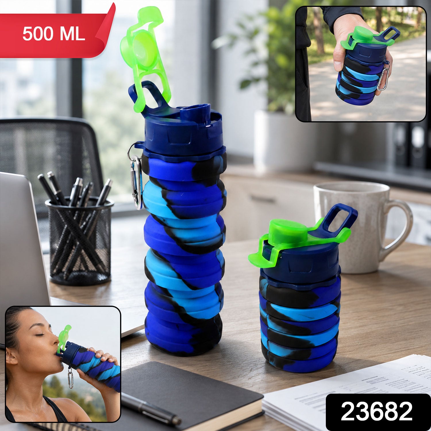 Wukusy Sili Fold collapsible silicone water bottle, 500ml, leakproof with carabiner, displayed in a folded and expanded state.