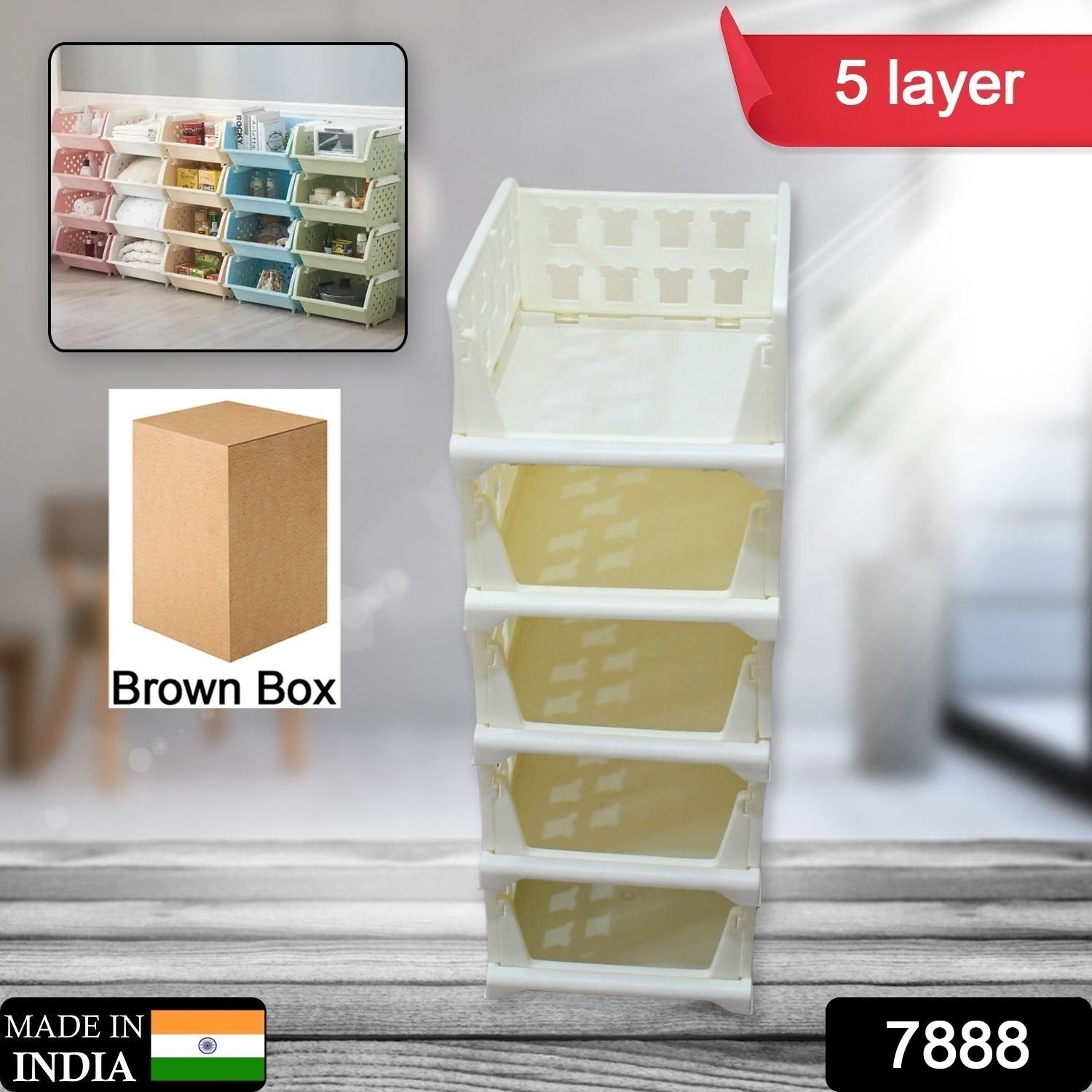 Wukusy 5-layer stackable storage cart with foldable shelves, ideal for clothes, kitchen, pantry, or bathroom organization.