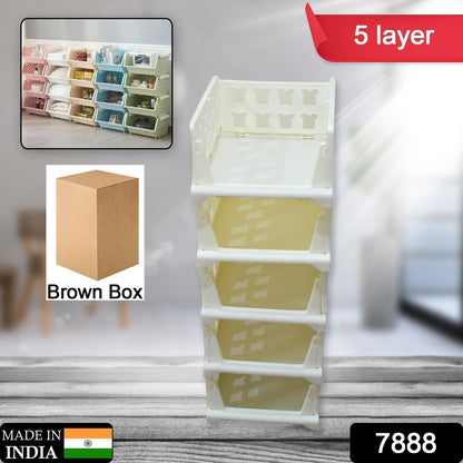 Wukusy 5-layer stackable storage cart with foldable shelves, ideal for clothes, kitchen, pantry, or bathroom organization.