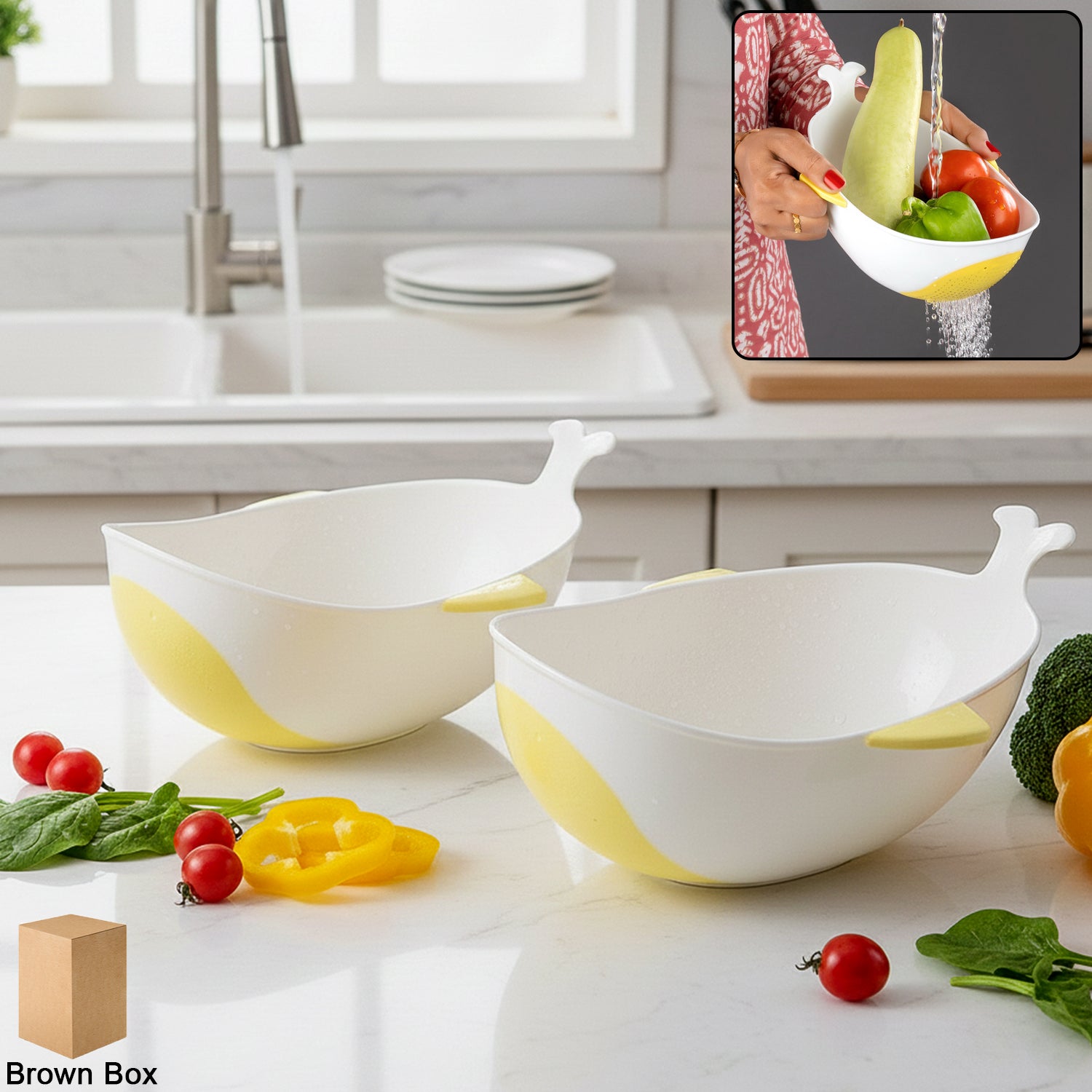Plastic Rice Pulses Fruits Vegetable Noodles Pasta Washing Bowl And Strainer (2 Pc)