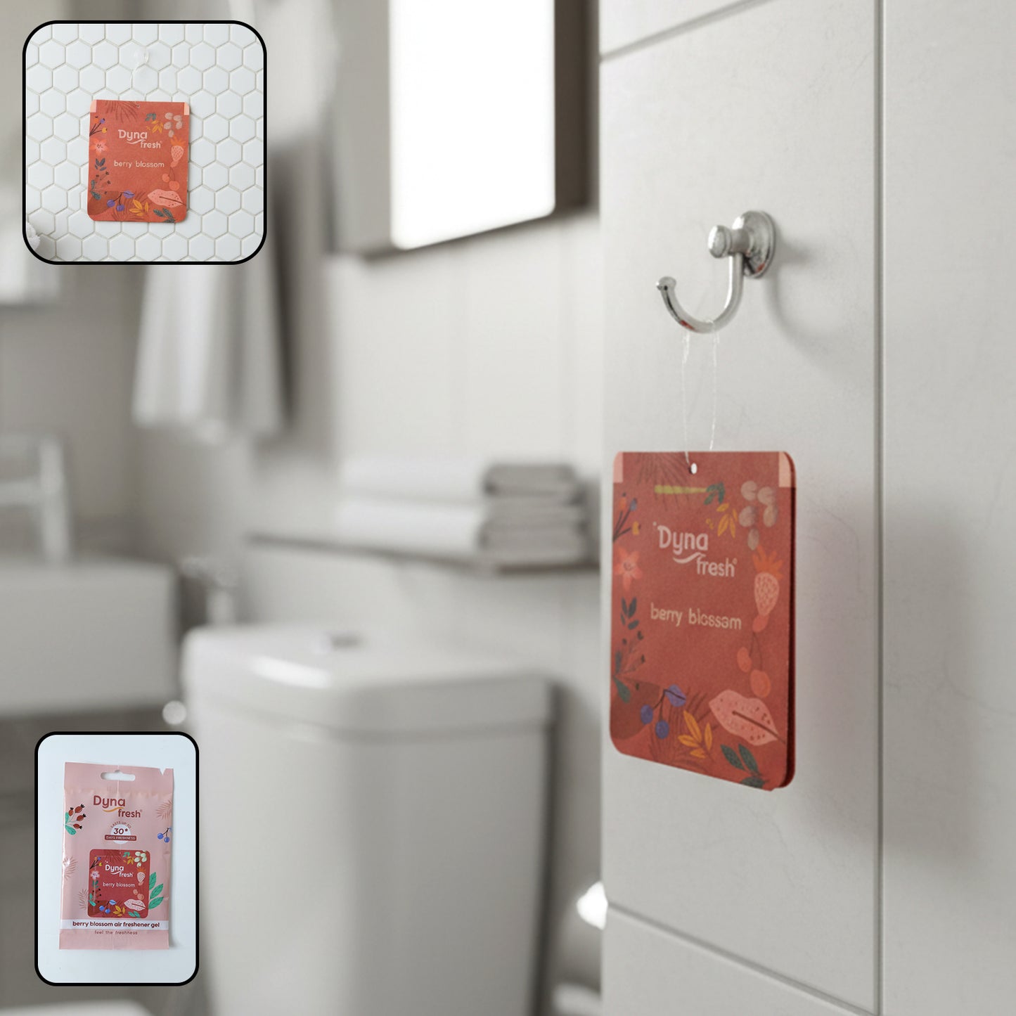 Wukusy Hanging Bathroom Berry Blossom Air Freshener Gel, 10g, with a floral berry scent and decorative packaging.