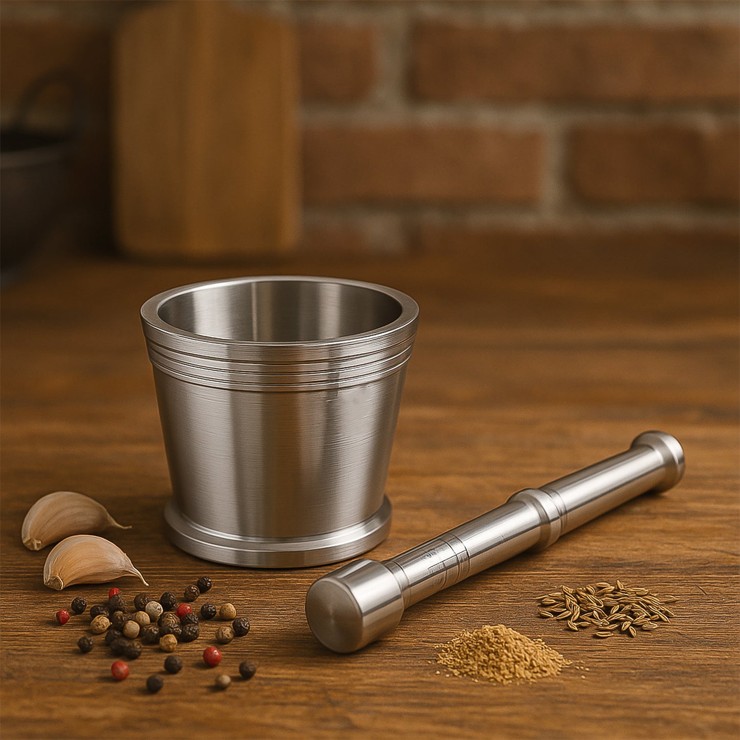 Heavy duty stainless steel mortar and pestle set for kitchen use by Wukusy, includes two durable kitchen tools for grinding and crushing.