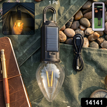 Wukusy solar rechargeable camping lamp with warm LED bulb, carabiner clip for outdoor camping and hiking illumination