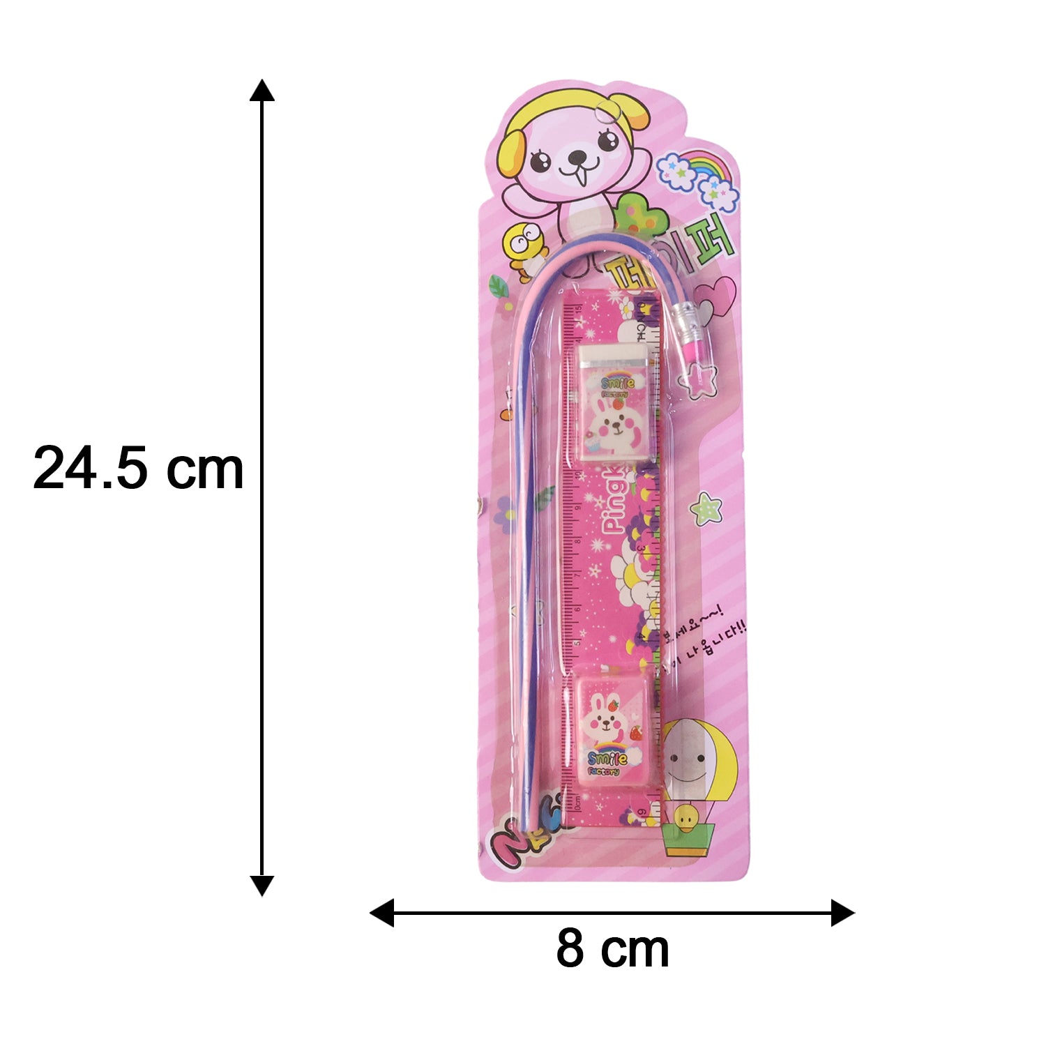Wukusy 4-in-1 pink stationery set with ruler, pencil, eraser, and sharpener on a white background.