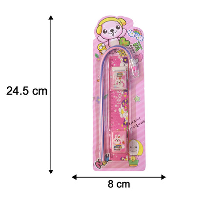 Wukusy 4-in-1 pink stationery set with ruler, pencil, eraser, and sharpener on a white background.
