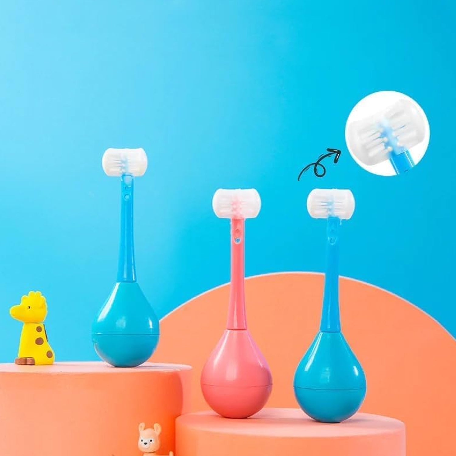 Wukusy 7327 toddler toothbrush with soft bristles, three-sided silicone head for children aged 2-12, inverted cleaning design.
