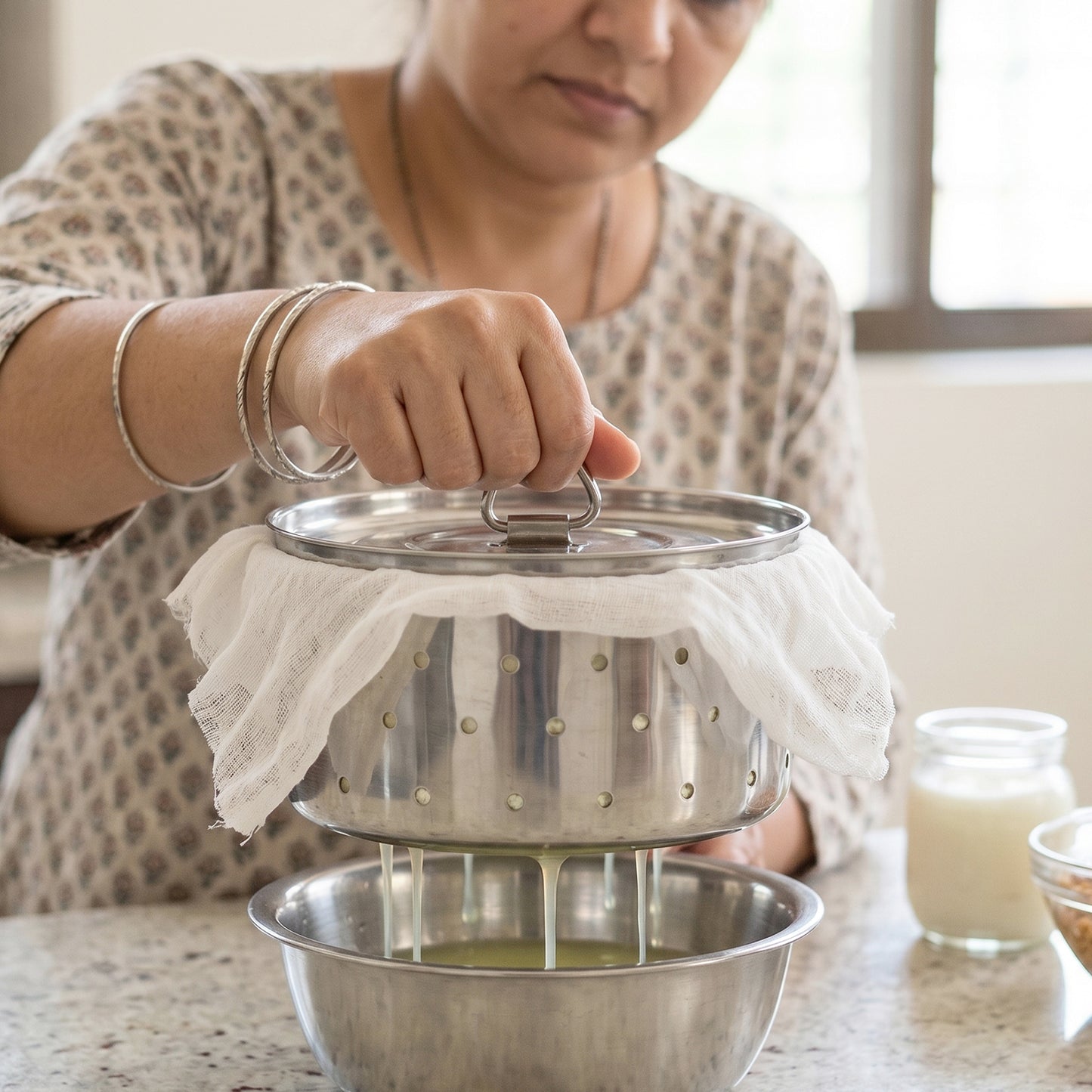 Wukusy stainless steel paneer maker mold with lid for cheese and tofu pressing, featuring a durable, compact design for home kitchen use.