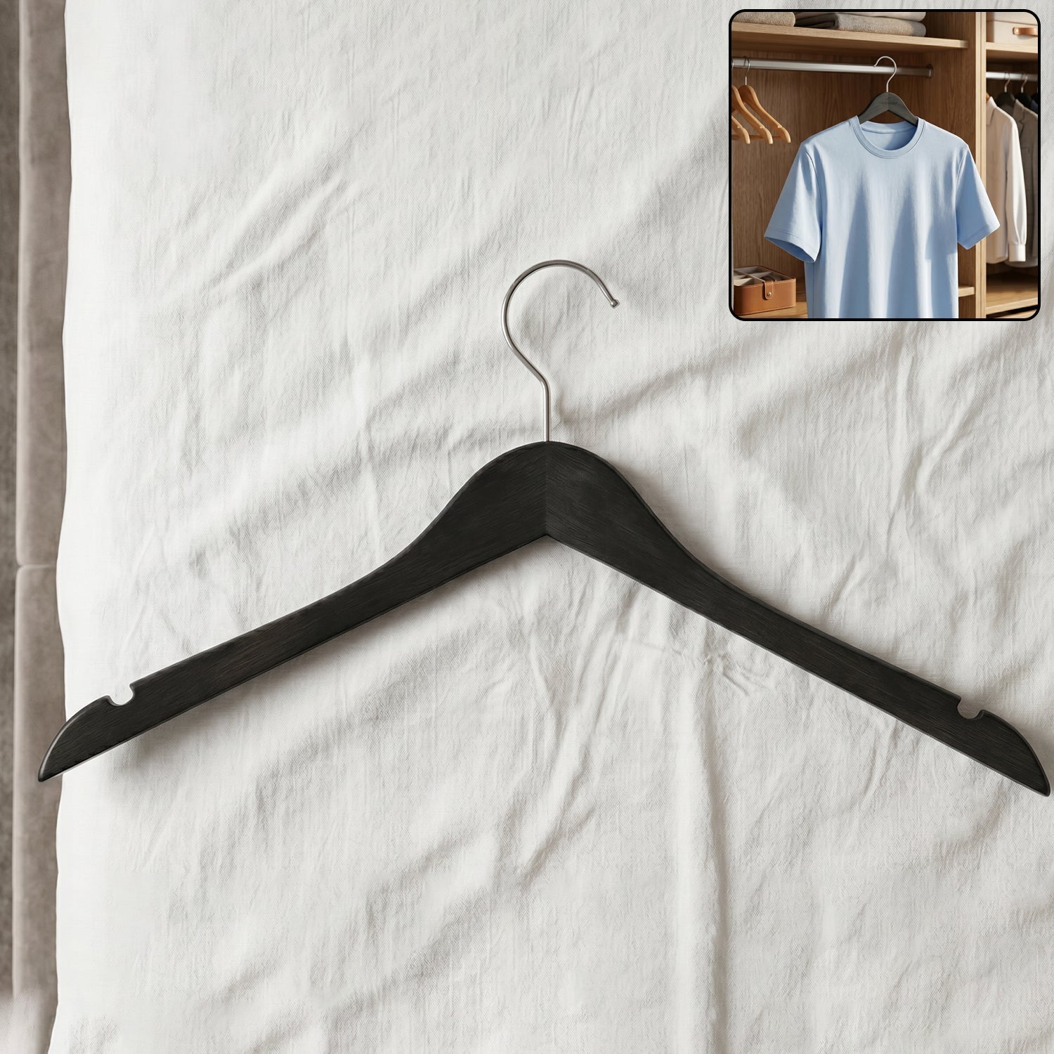 Wukusy premium cloth hanger with metal hook holding a shirt, coat, and top in a wardrobe, showcasing durable fabric and sturdy design.