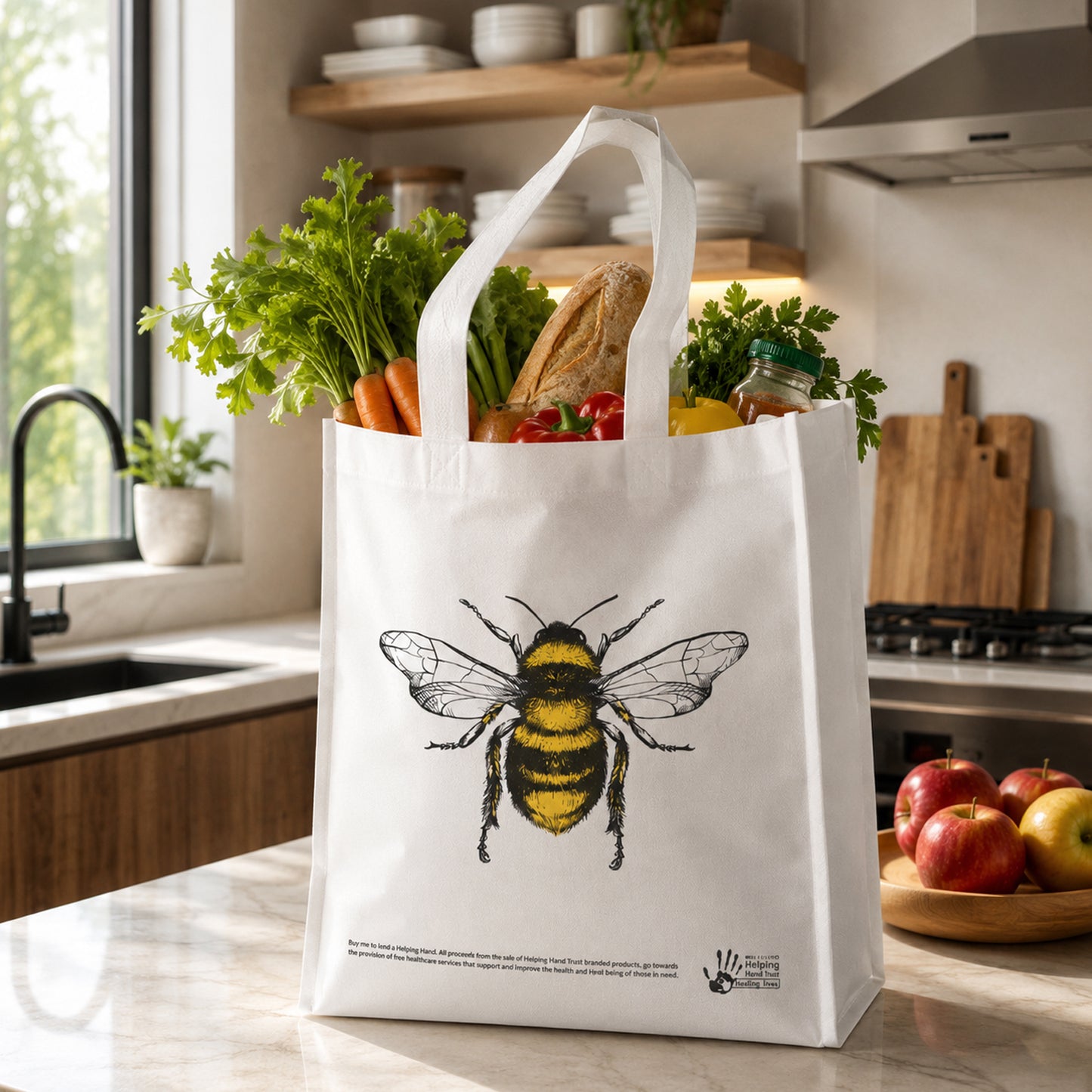 Wukusy multipurpose carry hand bag featuring a bee print, made of durable fabric with a sturdy handle for versatile use.