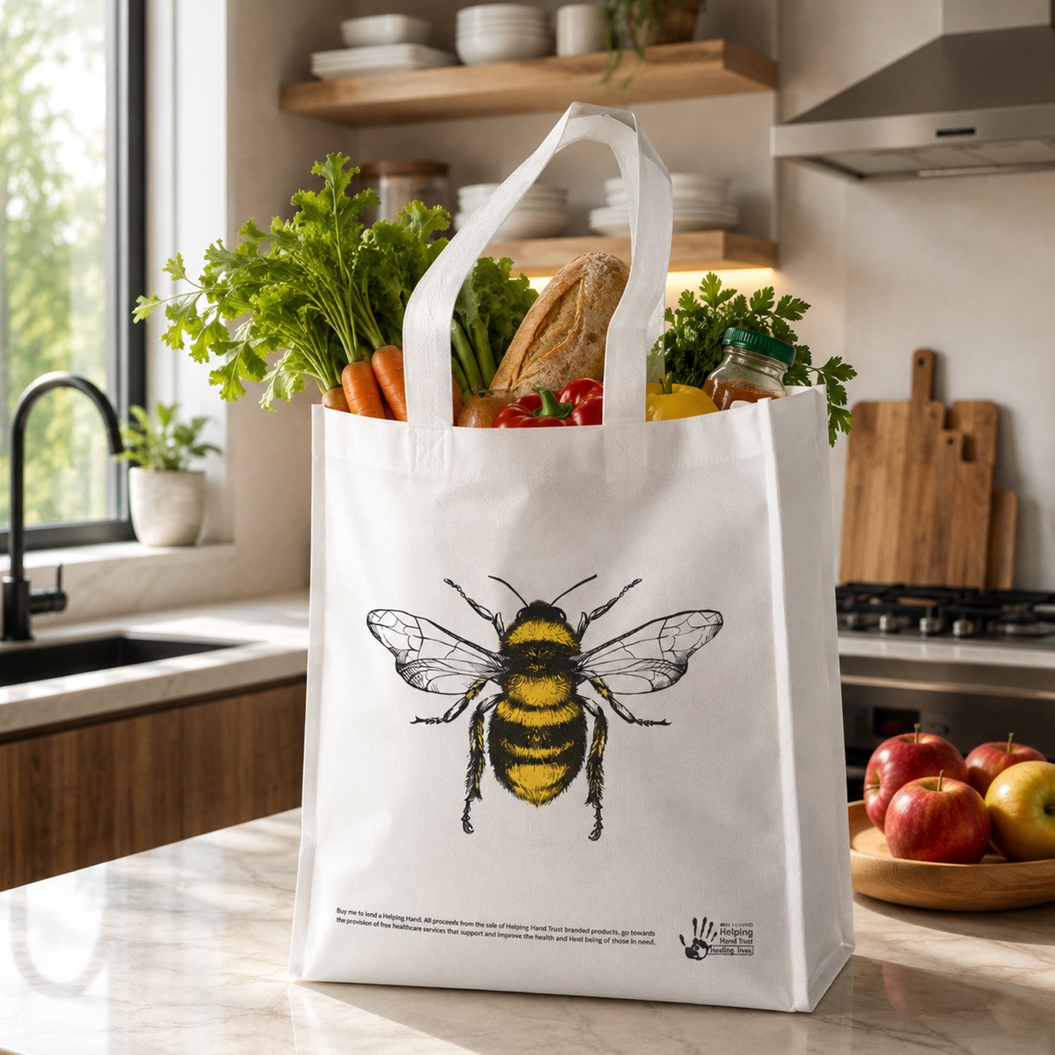 Wukusy multipurpose carry hand bag featuring a bee print, made of durable fabric with a sturdy handle for versatile use.