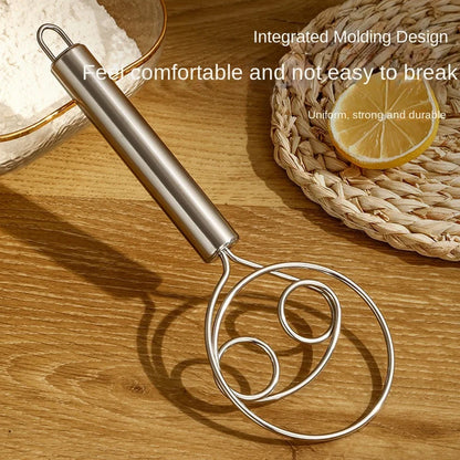 Wukusy stainless steel dough whisk for bread, cake, and pastry; hand mixer ideal for baking and mixing dough in the kitchen.