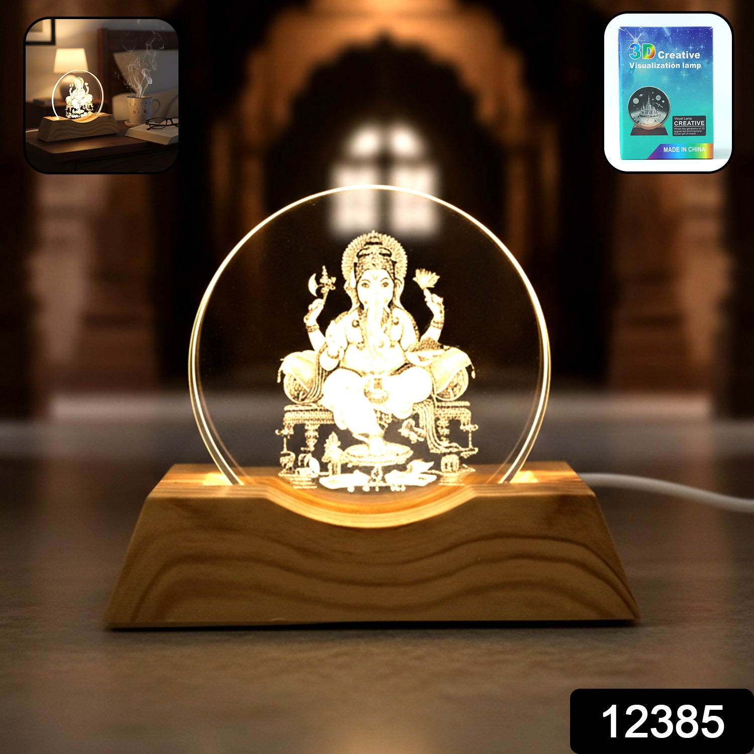 3D Lord Ganesha acrylic LED night lamp by Wukusy, featuring illuminated Ganesha design on a sleek acrylic base.