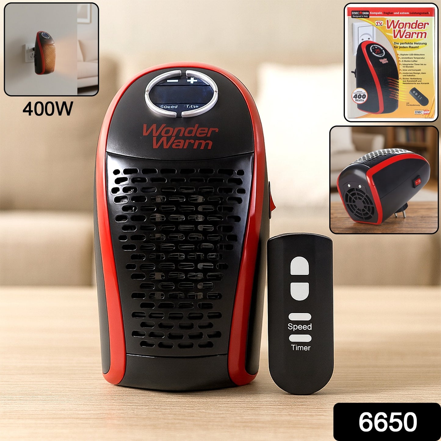 Wukusy Wonder Warm 400W wall plug room heater with remote control, designed for office use, shown on a wall.
