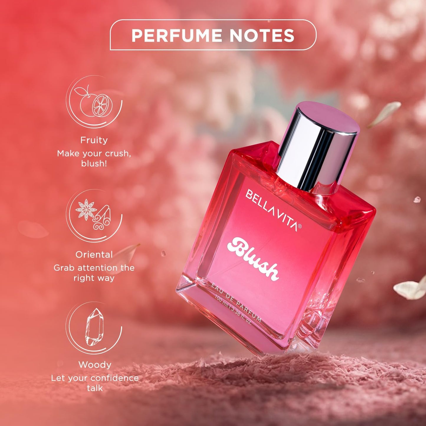 Wukusy Bellavita Premium Blush Eau De Perfume 100ml bottle with elegant pink floral design on the box.