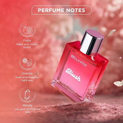 Wukusy Bellavita Premium Blush Eau De Perfume 100ml bottle with elegant pink floral design on the box.