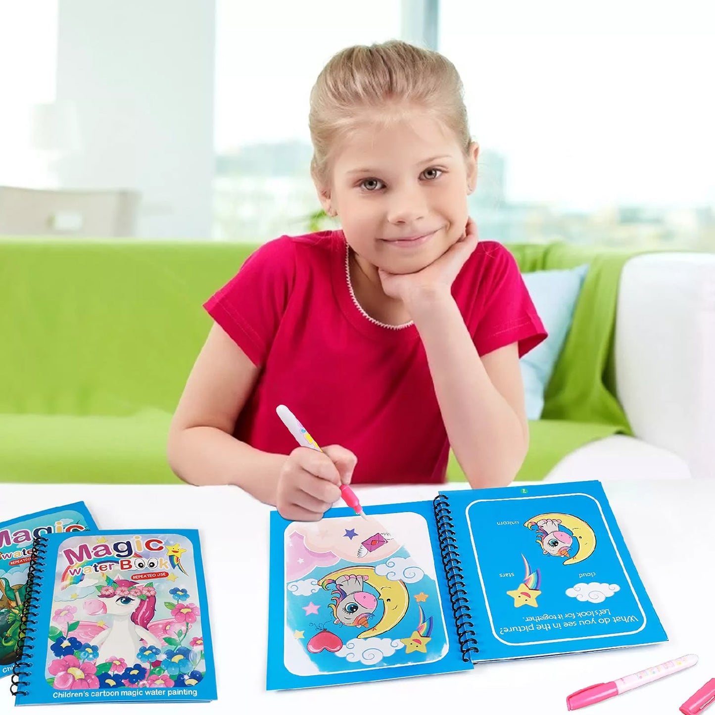 Wukusy Magic Water Coloring Book with magic pen and painting board for kids, featuring quick-dry water art and doodle pages.