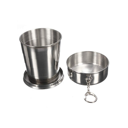 Wukusy 2-in-1 camping folding cup with keychain, compact portable stainless steel cup for outdoor adventures