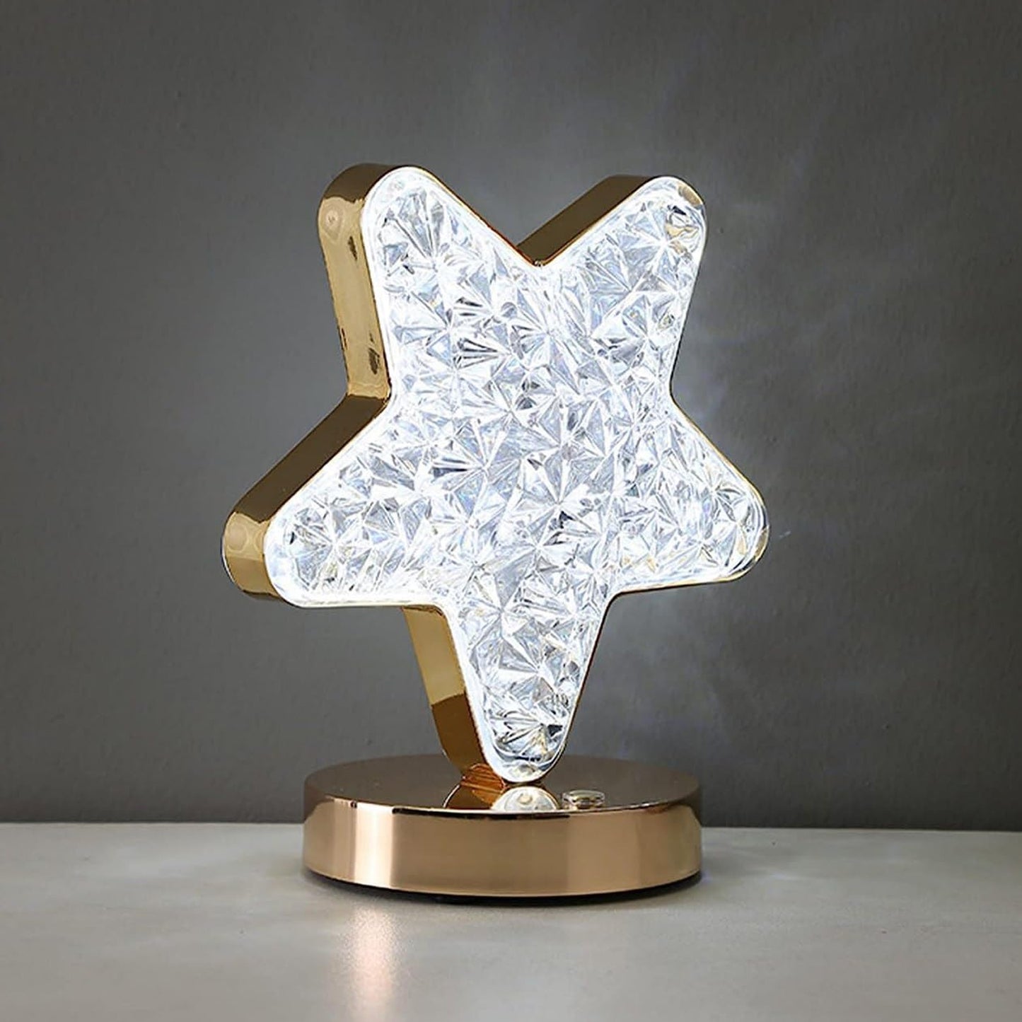 Wukusy star-shaped crystal diamond cordless nightstand lamp with touch control, USB rechargeable, 3-way dimmable for bedroom or living room.