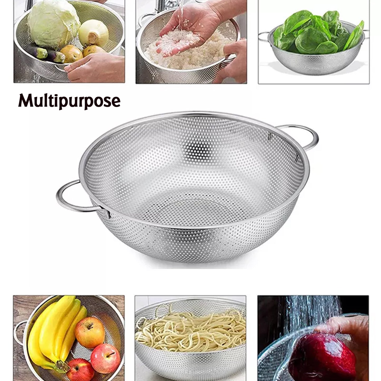 Wukusy 2914 stainless steel collapsible rice and vegetable washing bowl with strainer for kitchen use.