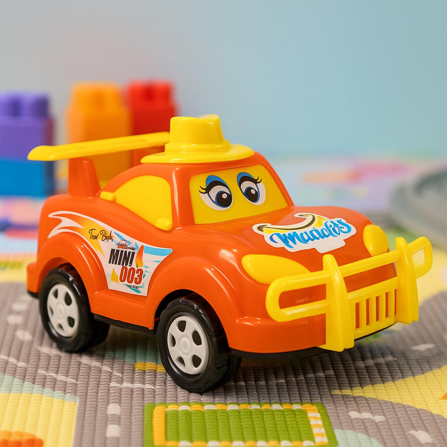Wukusy Funwoods friction-powered cartoon racing car toy with colorful design, perfect for children’s active play.