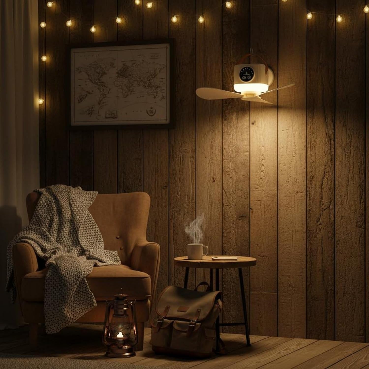 Wukusy 3-in-1 rechargeable camping fan with LED light, timer, and hanging hook, showing the fan with LED light and portable design