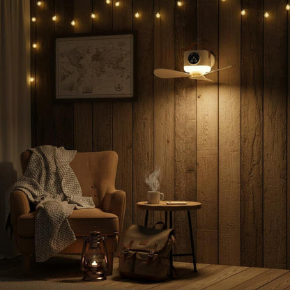 Wukusy 3-in-1 rechargeable camping fan with LED light, timer, and hanging hook, showing the fan with LED light and portable design