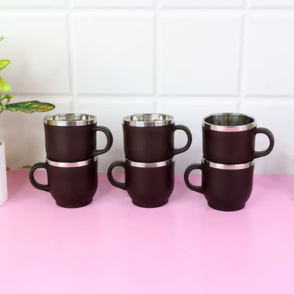 Set of six Wukusy Apex Premium double wall stainless steel cappuccino mugs, 100ml, ideal for home and kitchen use.