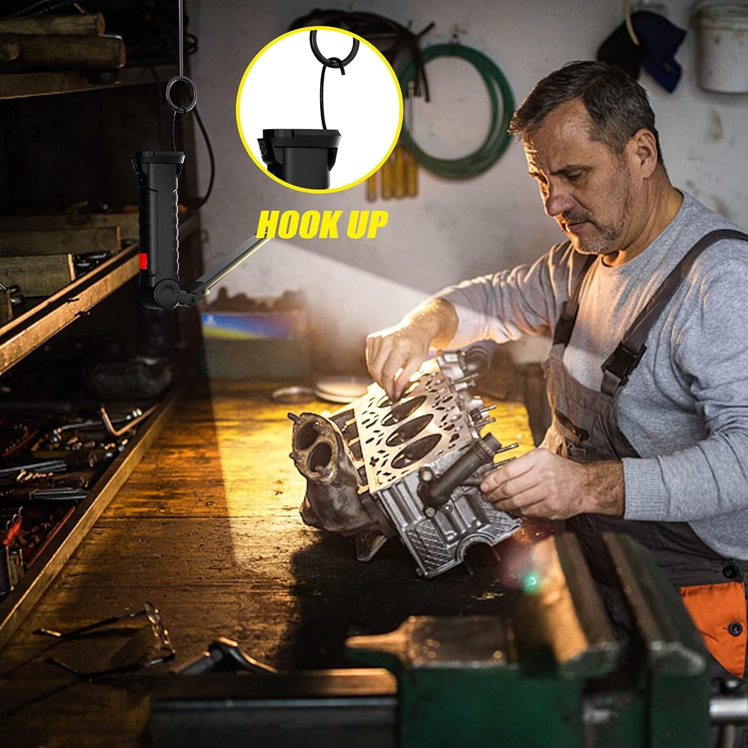 Wukusy compact rechargeable LED work light with adjustable arm and magnetic base, providing bright illumination for work tasks.