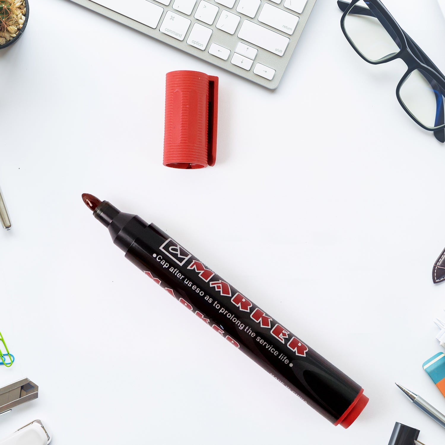 Set of 12 Wukusy premium permanent red marker pens for office use, featuring bold red ink and fine tips for precise writing.
