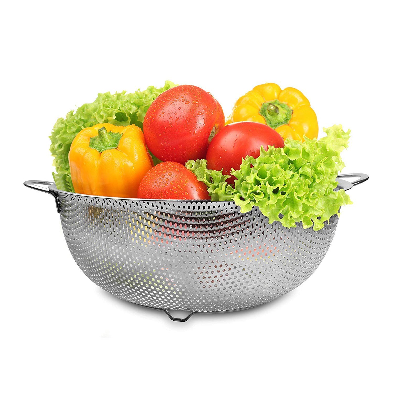 Wukusy stainless steel collapsible rice and vegetable washing bowl with strainer, kitchen tool for rinsing and draining produce.