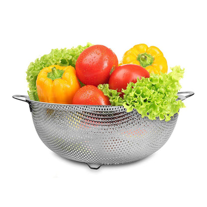 Wukusy stainless steel collapsible rice and vegetable washing bowl with strainer, kitchen tool for rinsing and draining produce.