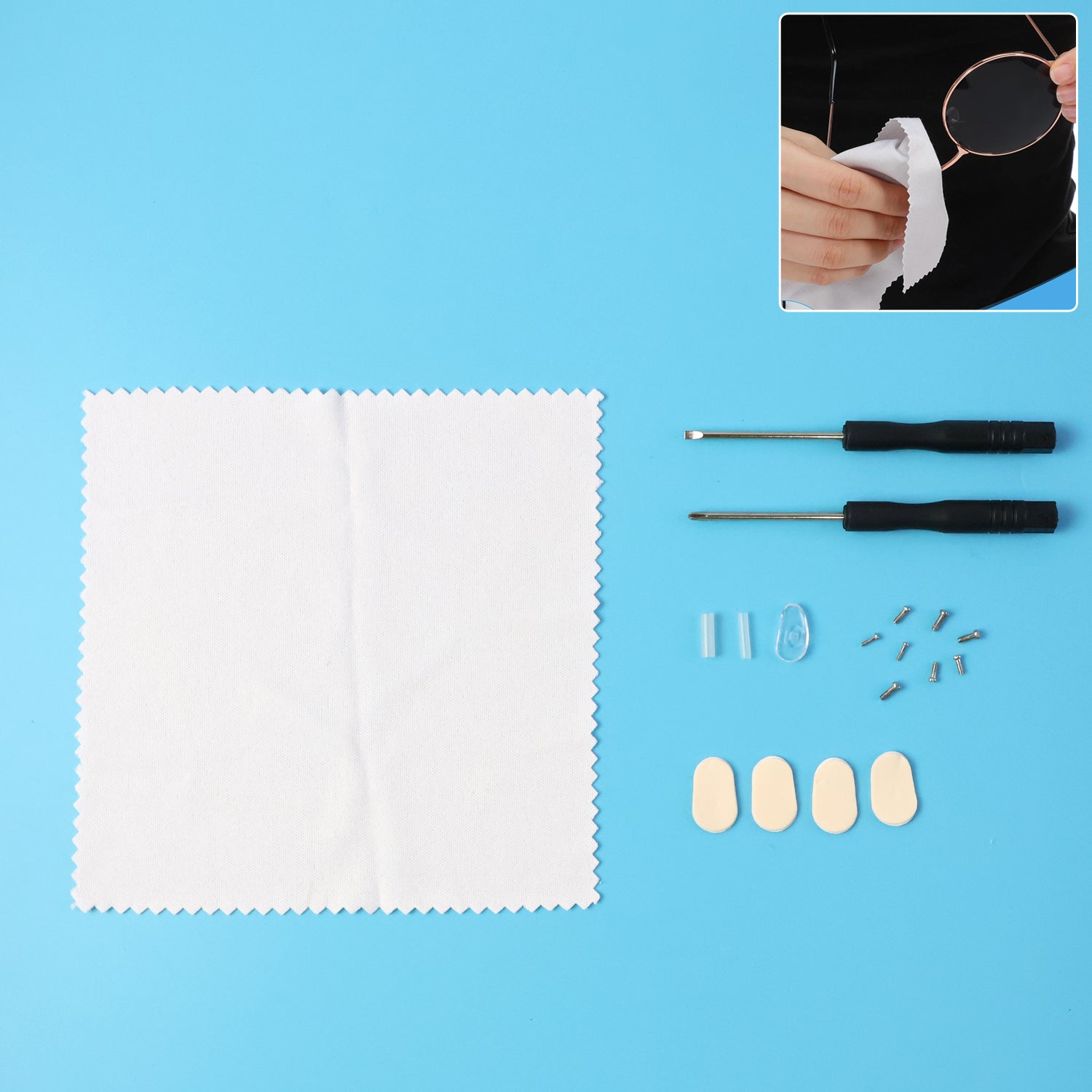 Wukusy travel eyeglass repair kit with small screwdriver, screws, and tools in a compact set for on-the-go eyewear fixes.