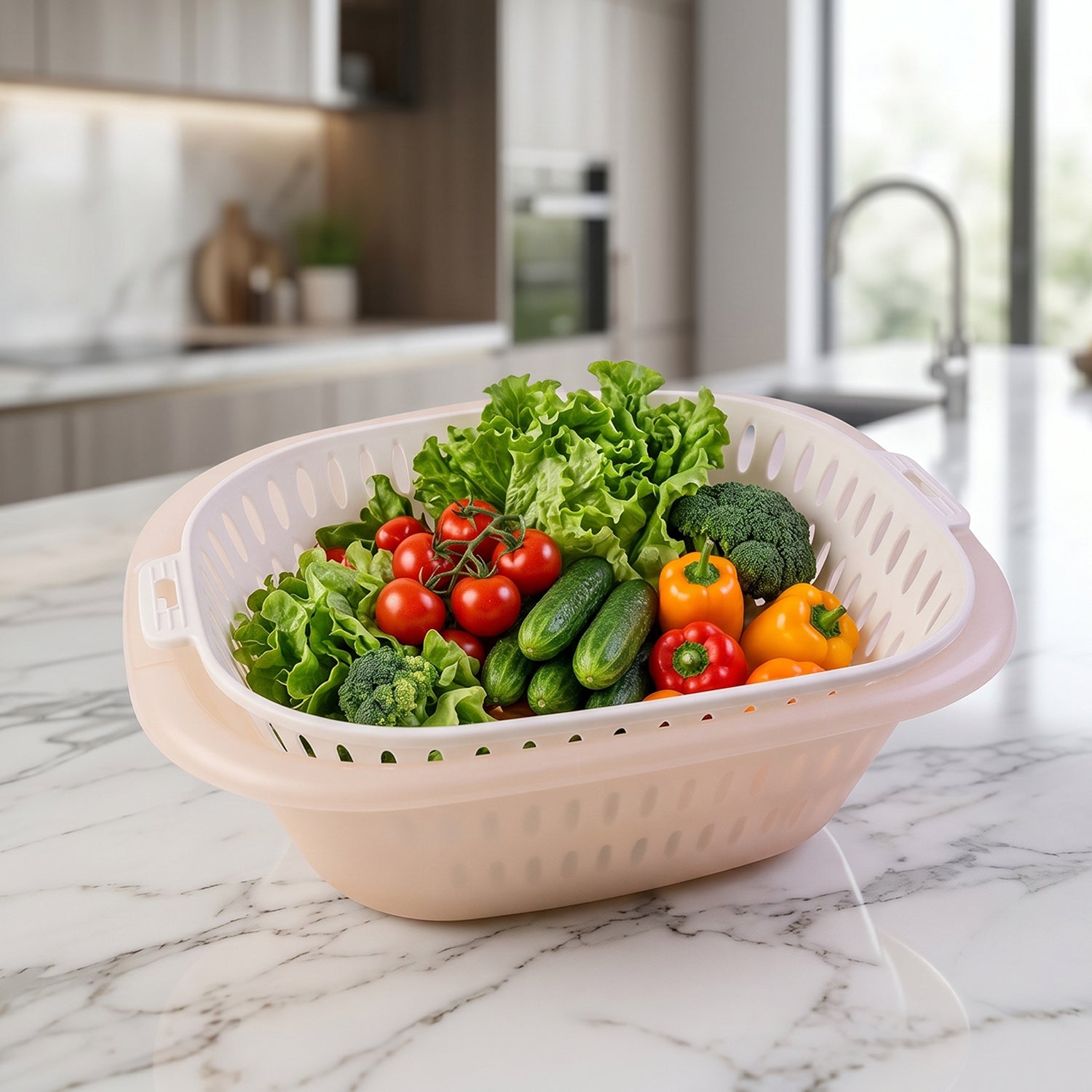 Wukusy 2-in-1 plastic double drain basket and colander set with washing bowls, ideal for draining and rinsing food.