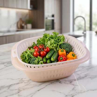 Wukusy 2-in-1 plastic double drain basket and colander set with washing bowls, ideal for draining and rinsing food.