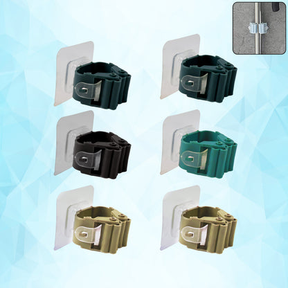 Wukusy self-adhesive mop and broom holder clips set of six mounted on a wall for organizing cleaning tools in home improvement.