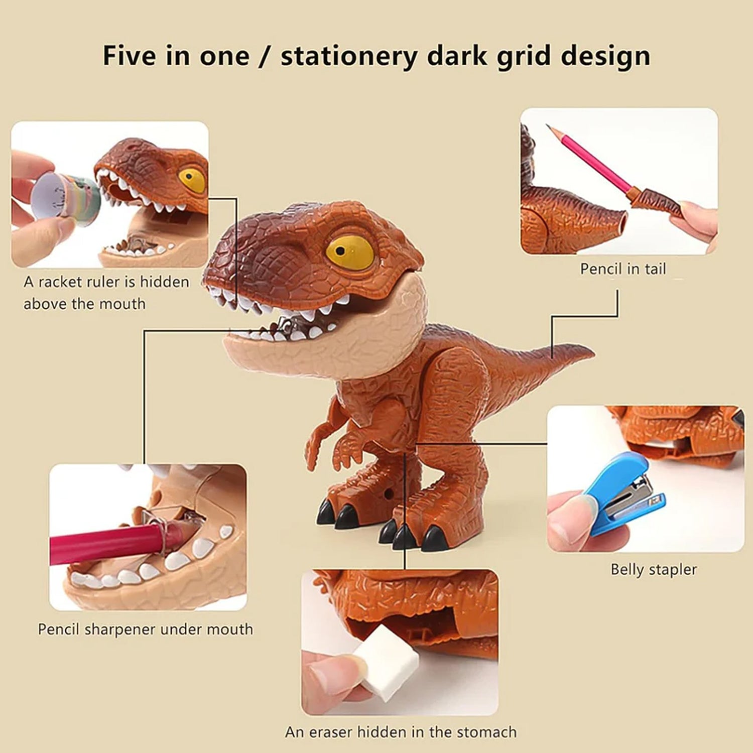 Colorful dinosaur-shaped stationery gift set for kids by Wukusy, includes pens, pencils, and paper featuring fun dinosaur designs.