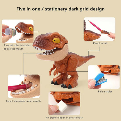 Colorful dinosaur-shaped stationery gift set for kids by Wukusy, includes pens, pencils, and paper featuring fun dinosaur designs.