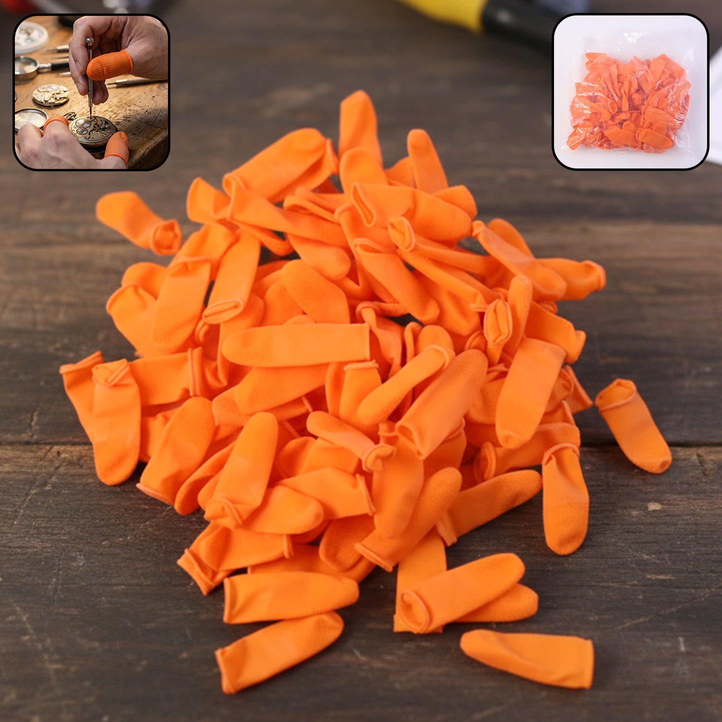 Set of 100 Wukusy multipurpose protective finger covers, made of flexible material for finger protection and hygiene.
