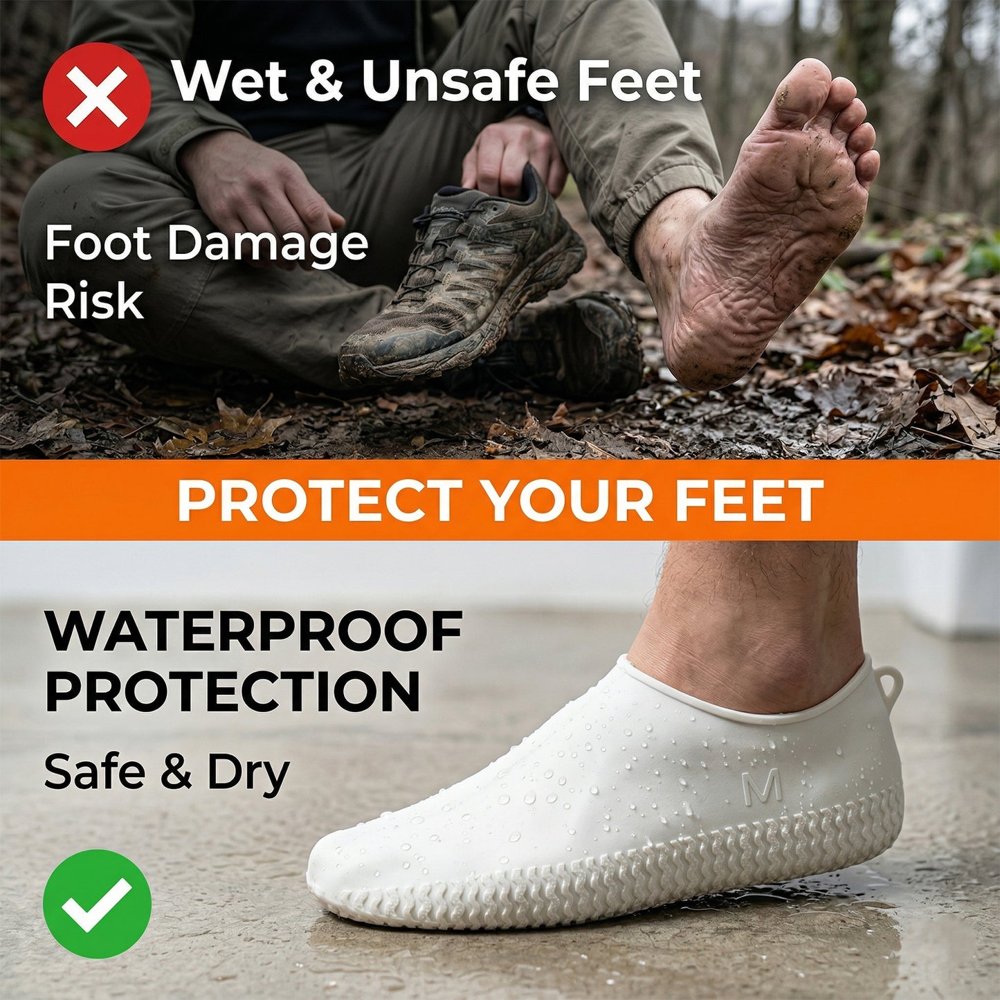 Pair of white Wukusy waterproof silicone shoe covers in medium size, designed to protect shoes from water and dirt.