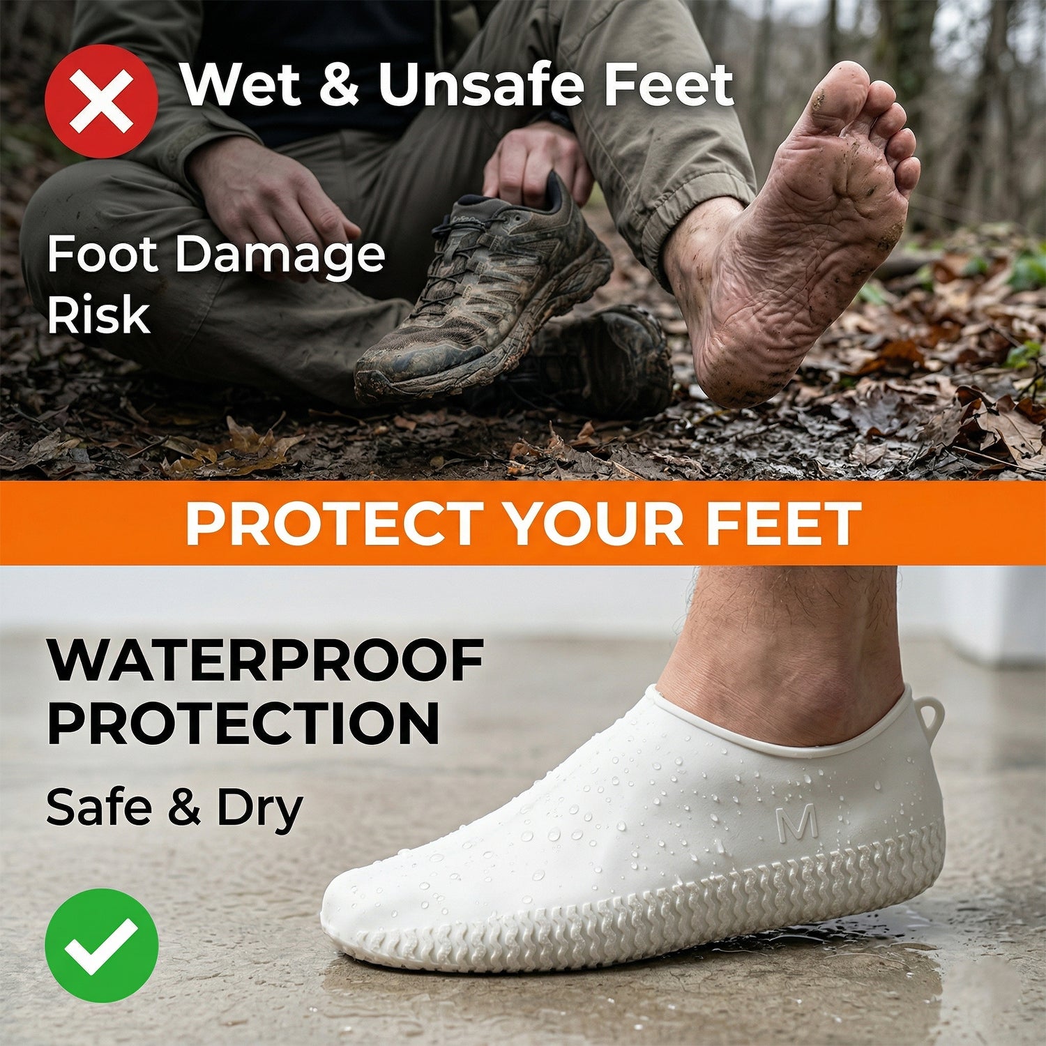 Pair of white Wukusy waterproof silicone shoe covers in medium size, designed to protect shoes from water and dirt.