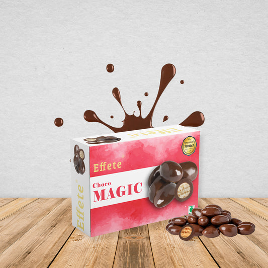 Wukusy Choco Magic Center Filled Chocolate, 32g, showing the smooth, rich chocolate exterior with a glimpse of the creamy filling inside.