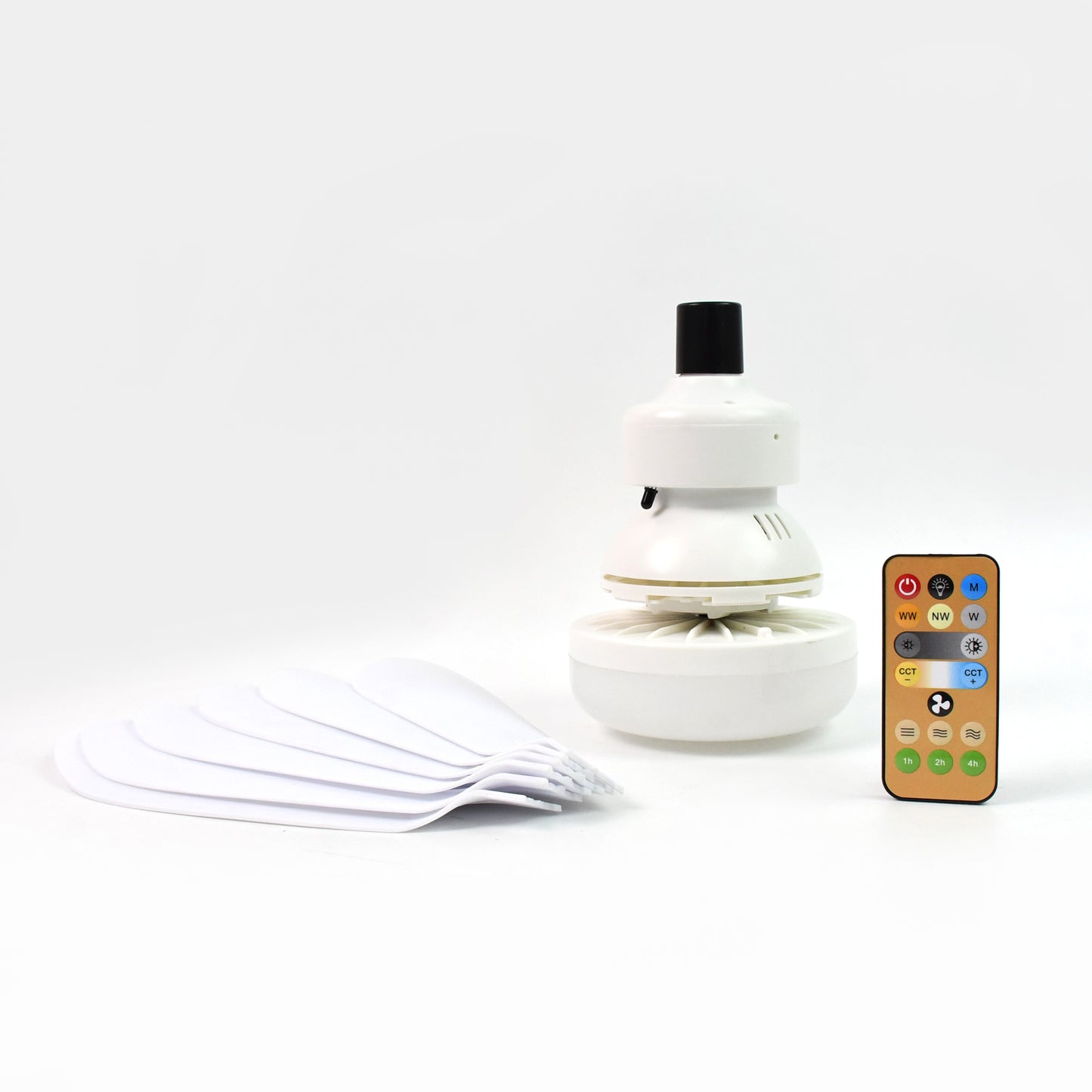 Wukusy 40W LED ceiling fan remote control, sleek electronic device with buttons for adjusting fan speed and lighting.