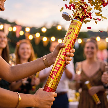 Wukusy golden party popper confetti cannon shooter for birthday and celebration, with colorful confetti ready to burst.